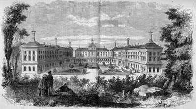 Mimari: Vincennes askeri hastanesinin genel görünümü (1858). Gravür, 12 Haziran 1858 tarihli “” Le Monde Illustré” n°61. by French School
