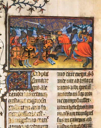 Armee dövüşçüsü. Francesco Petrarca veya Petrarch'ın (1304-1374) İtalyan bilgin, şair ve hümanist el yazmasından alınan minyatür, De Viris Illustribus, 23rv. Valencia Üniversite Kütüphanesi. by French School