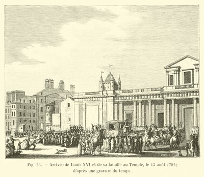 Louis XVI ve ailesinin Tapınağa gelişi, 13 Ağustos 1792; zamanın bir gravüründen by French School