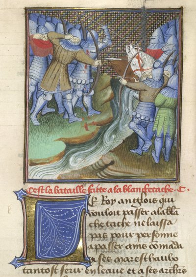 Arundel 67, f.144, Chroniques d'Angleterre'den bir nehrin karşısında savaşan Ortaçağ askerleri, Jean Froissart (parşömen) by French School