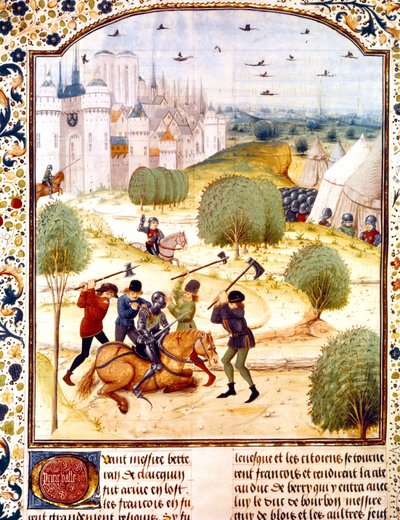 Jean de Wavrin tarafından yazılan İngiltere Chronicles of England'dan 1437 (100 yıl savaş) aydınlatmasında Paris dışında bir İngiliz şövalyesinin suikastı by French School