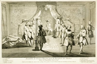 Hür Masonlar Üstadın İnisiyasyonu İçin Meclis, adayın locaya girişi, Din ve Gelenek Törenlerinden, c.1733 by French School