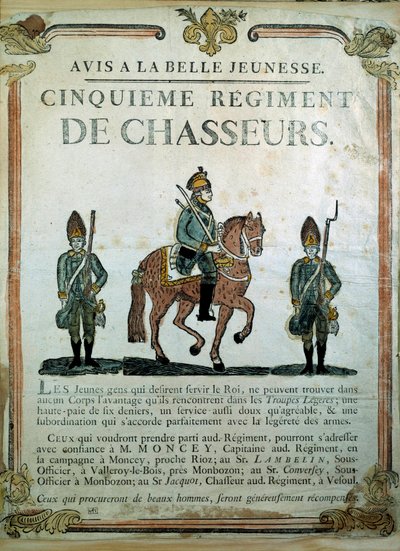 Avis à la Belle Jeunesse, 18. yüzyıl 5. Avcı Alayı için askere alma posteri. Paris, Musee de l