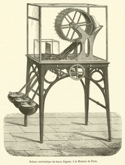 Monnaie de Paris'te Baron Seguier'nin otomatik dengesi (gravür) by French School