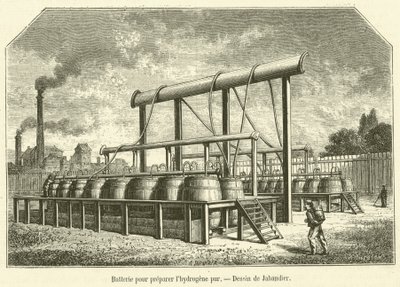 Saf hidrojen hazırlamak için pil (gravür) by French School