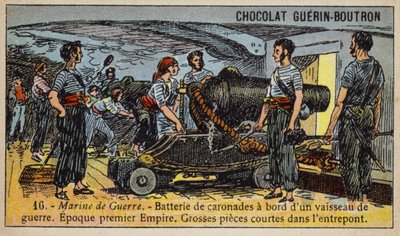 Birinci İmparatorluğun bir Fransız savaş gemisindeki carronades bataryası, 19. yüzyılın başlarında (chromolitho) by French School
