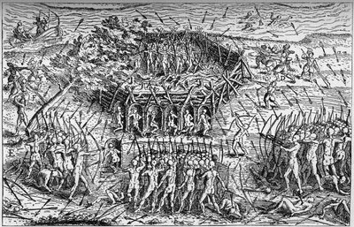Fransız Samuel de Champlain ordusu (1567-1635 dolaylarında) ve Iroquois arasındaki savaş. Kanada, 17. yüzyılın başı. "La Marine et les koloniler: ticaret" üzerine gravür by French School