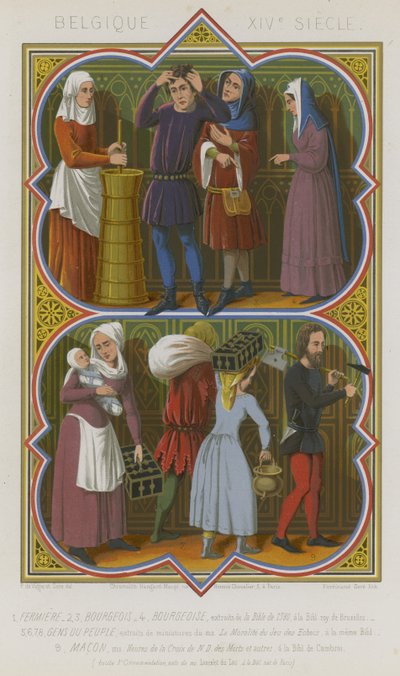 Çiftlik işçileri, burjuvazi, sıradan insanlar ve bir duvarcının 14. yüzyıl Belçika tasvirleri by French School