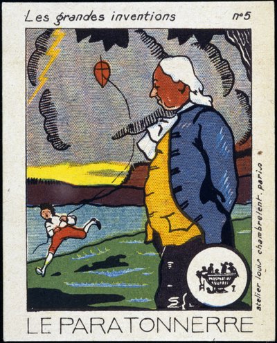 Benjamin Franklin, Amerikalı politikacı ve fizikçi (1706-1790) ve paratoner (uçurtma deneyimi) - Label, Deb. 20. yüzyıl by French School