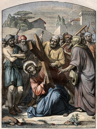 İncil Sahnesi - Haç Yolu: İsa, Kireneli Simon (Sireneli) tarafından yardım eder. 13 Eylül 1896 tarihli “Le Pelerin”deki gravür. by French School