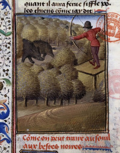 Boar Bow Hunting - “” Gaston Phoebus, Count of Foix, Lord of Béarn” tarafından yazılan Av Kitabı”nda” by French School