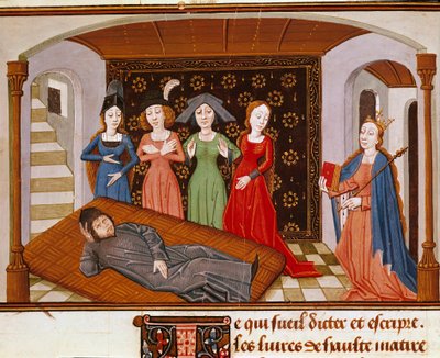 Boece (Boetius) Felsefe ve İlham Perilerini çevreler. Boece (veya Anicius Manlius Torquatus Severinus Boetius veya Boethius) tarafından "Felsefenin Tesellisi"nden (Felsefenin Tesellisi) alınan minyatür, John of Meung (1240-1305) tarafından çevrilmiştir. Ro by French School