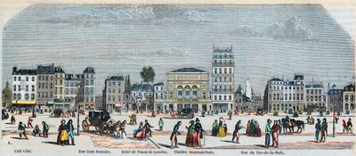Boulevard Beaumarchais güney tarafı - Cafe Gibe - Hotel de Ninon de Laclos - Beaumarchais Tiyatrosu - Rue pas de la mule - Edmond Texier tarafından “Tableau-de-Paris” gravürü 1852 by French School