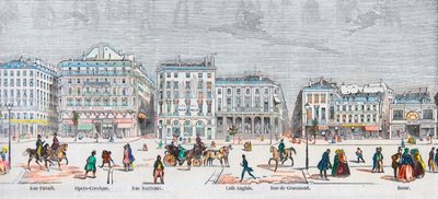 Boulevard des Italiens güney tarafı - Rue Favart - Opera comique - Rue Marivaux - İngiliz kafesi - Rue Grammont - Çarşı - Edmond Texier 1852 “Tableau-de-Paris” gravürü by French School