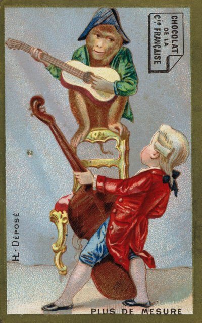 Çocuk ve maymun birlikte müzik aletleri çalıyor (chromolitho) by French School