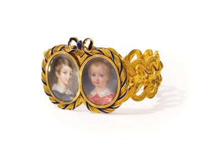 İki minyatürlü bileklik, Morel & Cie, c.1845 (altın, mine ve fildişi üzerine sulu boya) by French School