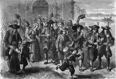 Breton geleneği: Kilisenin çıkışında birkaç genç evlilik. Kortejin en tepesinde biniou ve davulcular var. Treguennec, Finistere (29) by French School