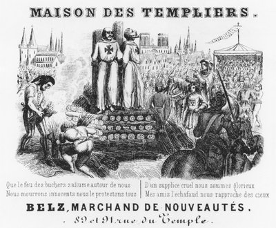 Tapınakçıların Yakılması, bir kumaşçı dükkanının fatura başlığı, Maison des Templiers, Belz, rue du Temple, Paris, c.1840 by French School