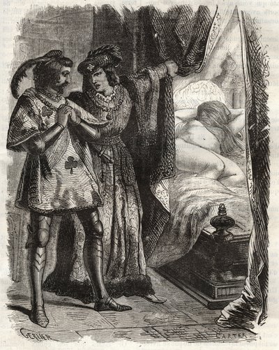 Bir kapıyı kaldırarak, kocaya kendi karısını çıplak yatarken gösterdi. Valois Dükü I. Louis (1372-1407), Raoul d