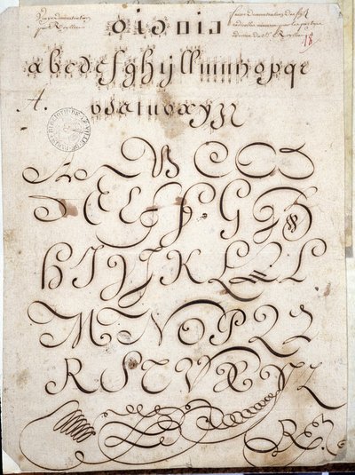 Kaligrafi: 1813 civarında Sebastien Royllet tarafından arabesklerle süslenmiş yuvarlak hatlı el yazması parçası. Paris Şehri Tarih Kütüphanesi by French School