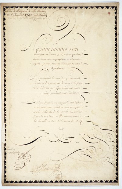 Kaligrafi: Andre Francois Roland tarafından 1737 tarihli resepsiyon parçası. by French School