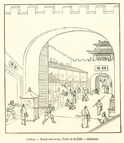 Kanton, Kouai-lak-moun, Şehrin Kapısı, Kuş Avcıları (gravür) by French School