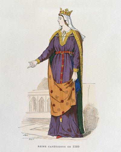 Yüzyıllar boyunca Fransızların Sivil ve askeri kostümlerinden 1360 yılında Capetian Kraliçesi by French School
