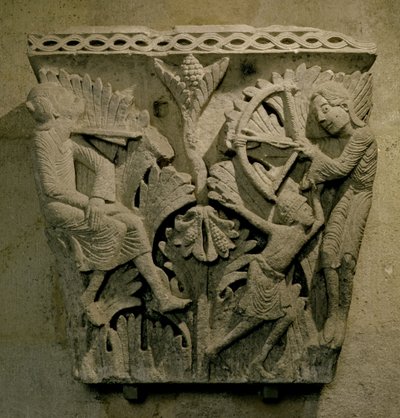 Bir başkasının boynuna ok atan bir adamı betimleyen başlık, yaklaşık 1125-30 (kireçtaşı) by French School