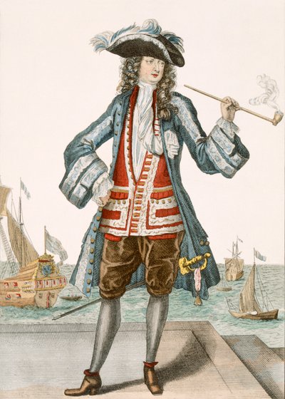 Dunkerque Kaptanı Jean Bart 88: Filonun kaptanı Le Capitaine Jean Baert de Dunquerque, rıhtımda uzun bir pipo içiyor; Jean Bart (1651-1702), Flaman denizci by French School