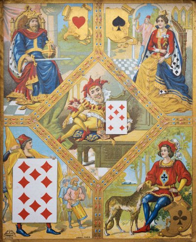 Kart oyunu, kupa kralı, maça kraliçesi, elmas on ve kulüp Jack, merkezde yedi elmas ile cüce Lindoro, Fransa by French School
