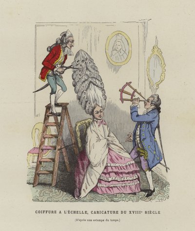 18. yüzyılın Fransız kadın saç modelleri üzerine karikatür by French School