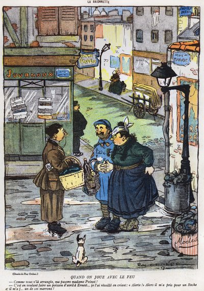 29 Mart 1917, La Baionette dergisinin Nisan Bir Şakası (Poisson dAvril) sayısından, bir kadının kocasına oyun oynamaya çalışmasının sonucunu gösteren karikatür by French School