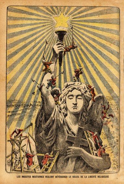 Kilise için karikatür, "gece böcekleri dini özgürlük güneşini kötüleştirmek istiyor", 20. yüzyılın başında Fransa