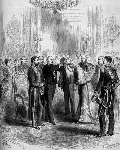 Kardinalatın ambleminin takdim töreni: Pier Francesco Meglia (1810-1883) kardinalin kırmızı ceketini alırken Jules Grevy (1807-1891) kardinallik baretini başına yerleştirdi. Paris, Palais de l