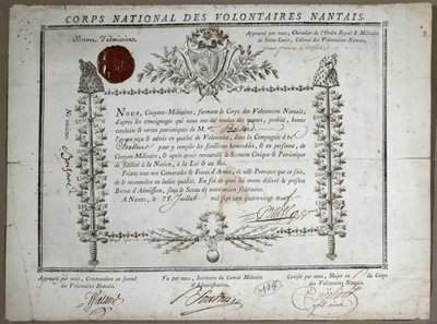 Nantes Ulusal Gönüllüler Muhafızlarına Kabul Belgesi, 1789 by French School
