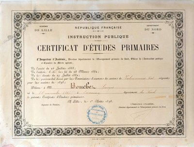 İlköğretim Sertifikası, Academie de Lille, 1898 (kağıt üzerine mürekkep) by French School