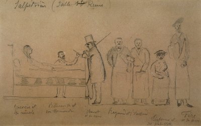 Charcot, öğrencilerinden biri tarafından tasarlandı. Soldan sağa: Kaşkorseli hasta Genevieve, termometreli Doctor Desire Magloire Bourneville, Jean Martin Charcot, Raymond ve Brissaud, Me Tirperme ve Charles Fere. Holy Queen Odası, Salpetriere Hospi by French School