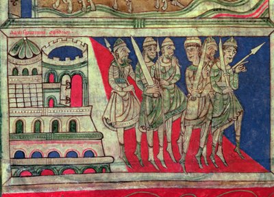 Charlemagne, 'Codice Calixtus'tan minyatür, Santiago de Compostela'ya gitmek için Aachen'den ayrılıyor, fol. 162v., c.1150 (parşömen) by French School