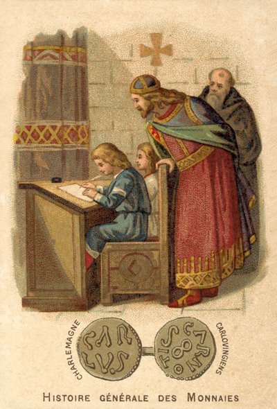 Charlemagne okulda yazan çocukları izliyor (chromolitho) by French School