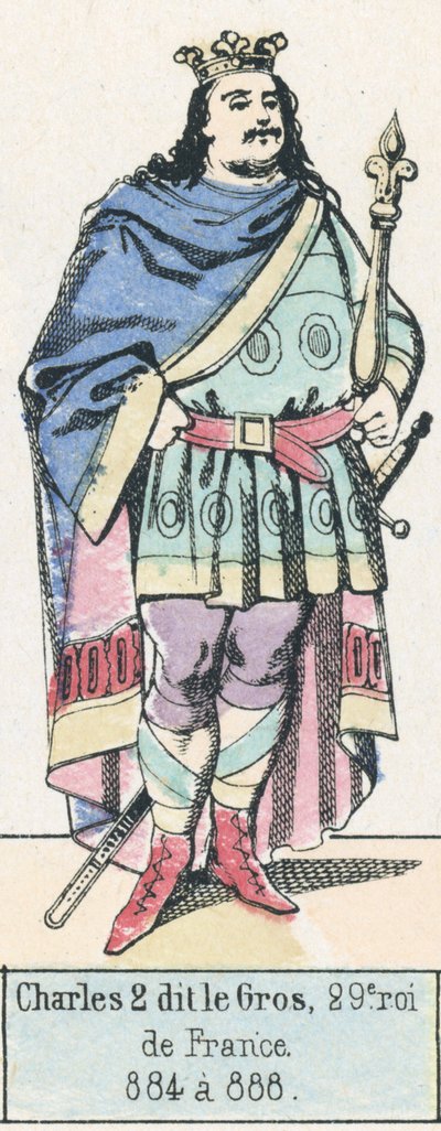 Charles 2 dit le Gros, 29. Fransa Kralı, 884-888 (renkli gravür) by French School
