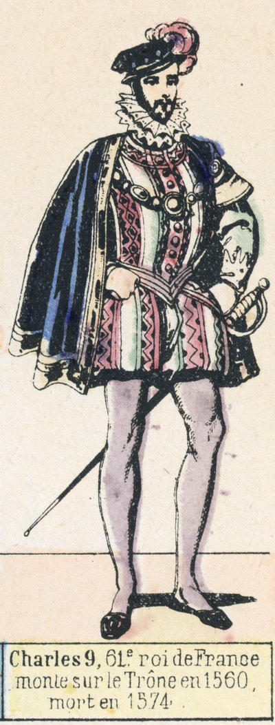 Fransa'nın 61. Kralı Charles 9, 1560'ta Taht'a yükseldi, 1574'te öldü (renkli gravür) by French School