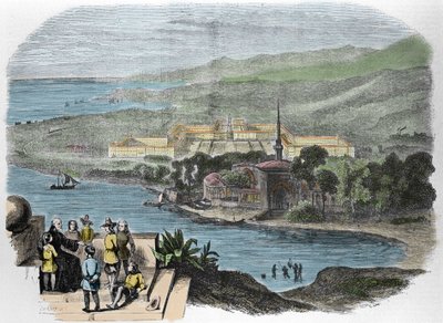 Charles Fourier (1772-1837), Fransız sosyalist kuramcı: 1848 tarihli bir Phalanstere gravürünün ideal görüntüsünü gösteren gravür. by French School