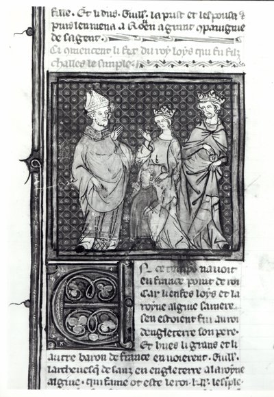 Charles III (879-929), karısı ve oğlu Louis IV (921-954) ile birlikte, Grandes Chroniques de France, 1375-79 by French School