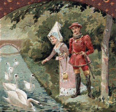 Charles VII (1403-1461) en sevdiği Agnes Sorel (Beaute sur Marne Leydisi (Beaute-sur-Marne) olarak bilinir) (1422-1450) ile Savigny sur Orge (Savigny-sur) şatosunun parkında kuğu besler. -Orge). 19. yüzyılın sonlarında kromolitografi by French School
