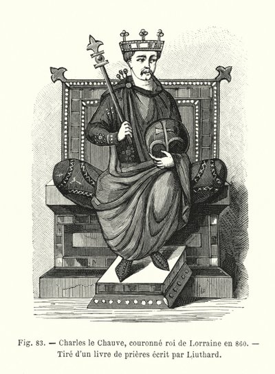 Kel Charles, 860 yılında Lorraine Kralı olarak taç giydi, Liuthard tarafından yazılmış bir dua kitabından (gravür) by French School