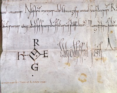 Hugues I Capet (941-996), Fransa Kralı, 988 (kağıt üzerine kalem ve mürekkep) tarafından imzalanan tüzük (detay 157461) by French School
