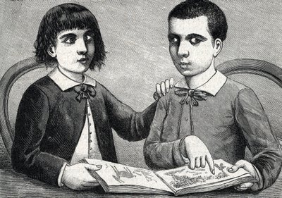 Yakınsak ve ıraksak şaşılığı veya şaşı gözleri olan çocuklar (gravür) 1888 by French School