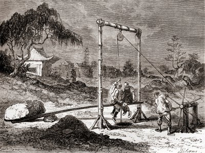 19. yüzyılda Çinli işçiler, tuzlu su çıkarmak için bir kuyu kazıyorlar, 