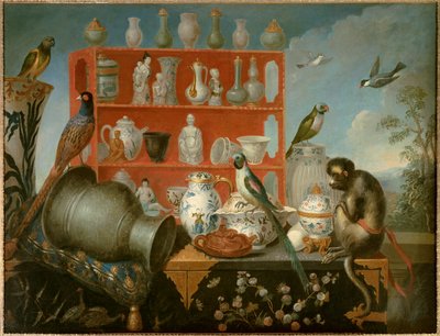 Chinoiserie en trompe l'oeil. Porselen tabaklar, maymun ve kuşlar ile natürmort. 18. yüzyılın anonim Fransız resmi. Paris, Dekoratif Sanatlar - Chinoiserie “” en trompe l'oeil””. Porselen tabaklar, maymunlar ve kuşlar ile natürmort. anonim İngilizc by French School