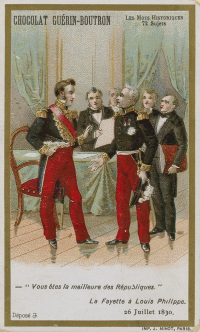 Chocolat Guerin-Boutron ticaret kartı, Tarihi Sözler serisi by French School